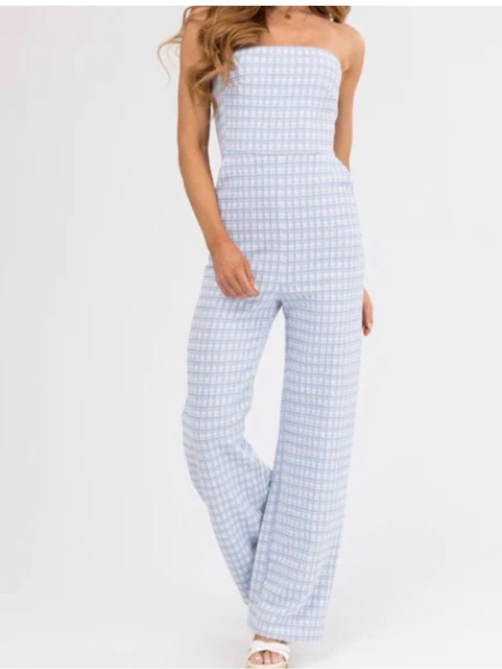 Strapless Light Blue Plaid Wide-Leg Jumpsuit